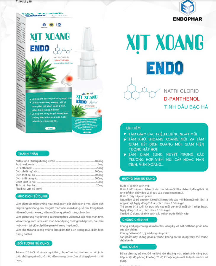 Xịt Xoang ENDO Endophar - Giảm Ngạt Mũi, Khô Thoáng, Giảm Tiết Dịch và Hắt Hơi, Hỗ Trợ Viêm Mũi, Viêm Xoang