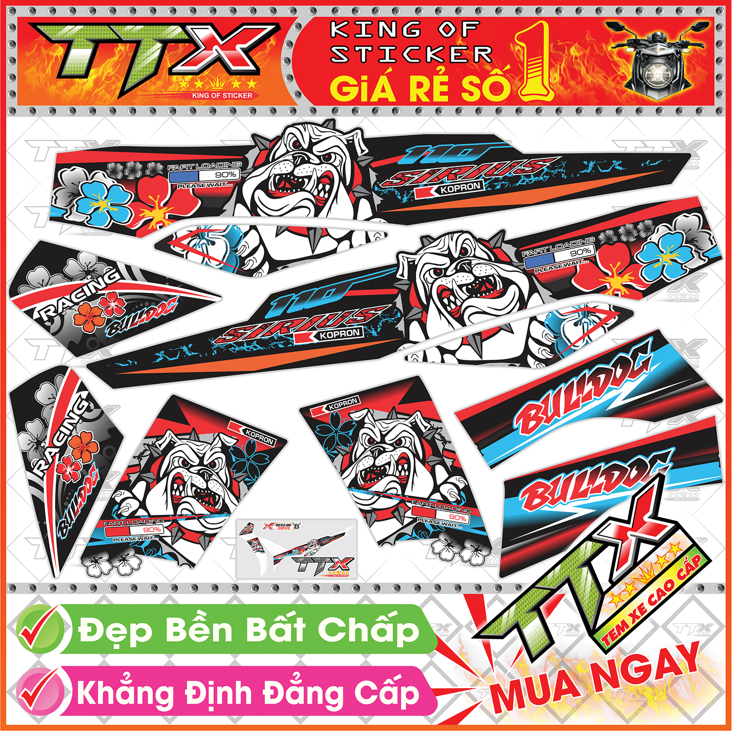 Tem dành cho xe sirius bulldog , Team phụ kiện sirius màu trắng nền đen vệt đỏ siêu ngầu , Shop TTX tem rời sirius mã (S0032/00)