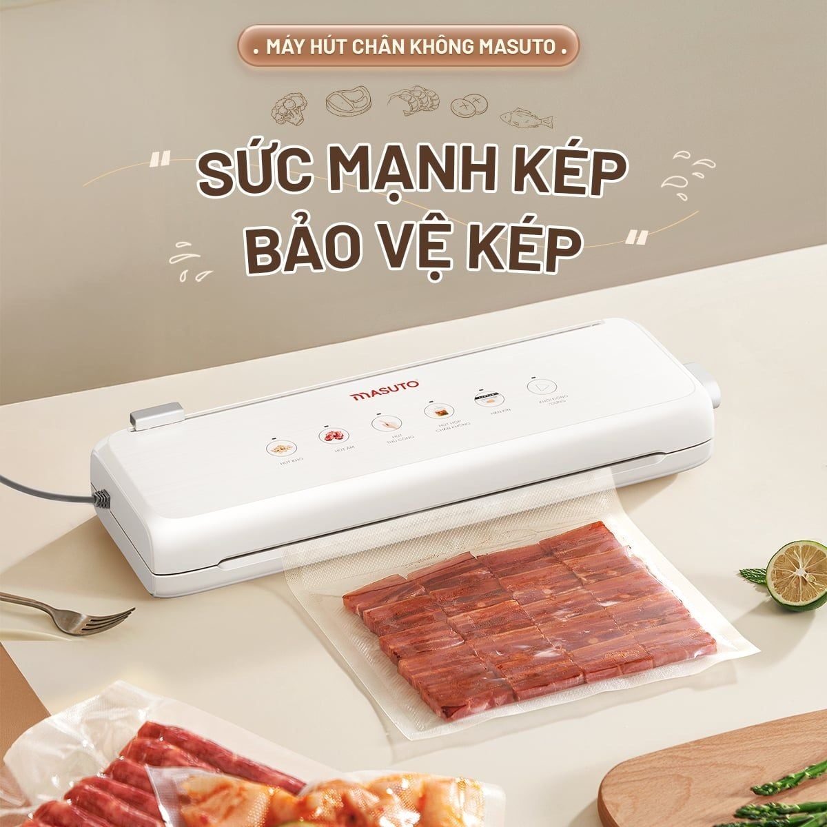 Máy hút chân không thực phẩm Masuto MSSMaster Không Kén Túi, hút siêu mạnh 60kPa, mối hàn kép 4mm hàn miệng túi siêu chặt - Hàng chính hãng