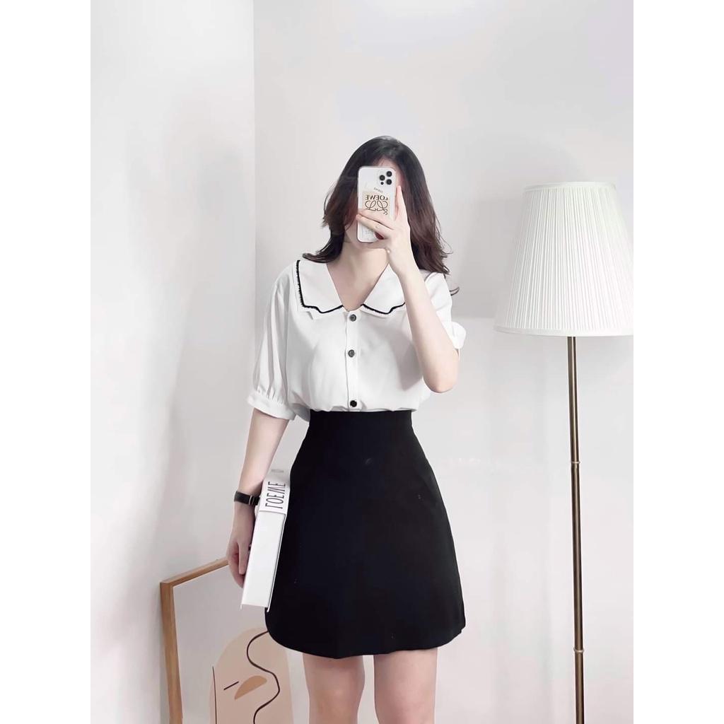 ÁO SƠ MI NỮ NGẮN TAY CHẤT LỤA MỀM MỊN CỔ ÁO VIỀN REN NỔI CỰC XINH AM15