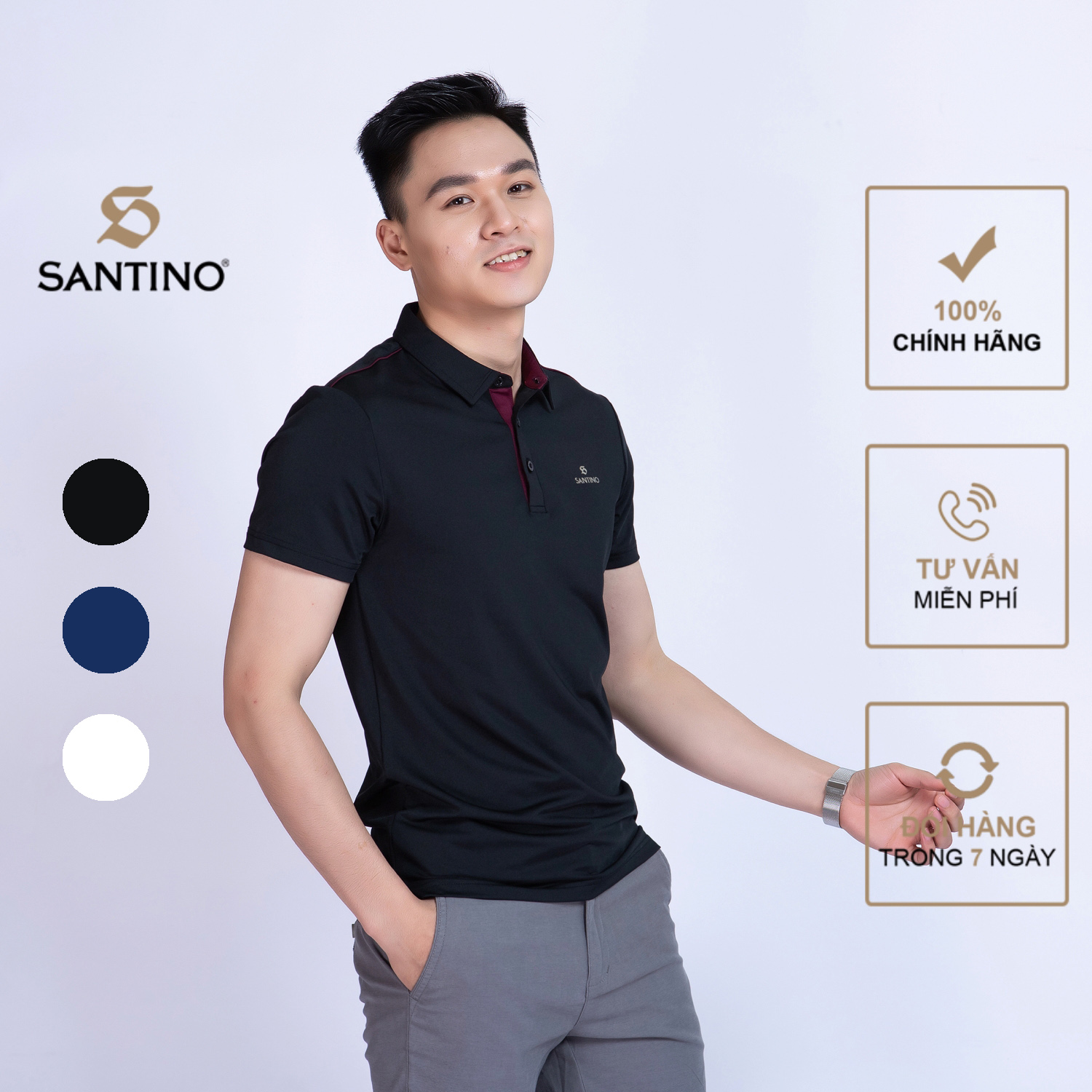 Áo thun POLO nam ngắn tay cổ bẻ Santino chất liệu thể thao co dãn, dáng slim trẻ trung TSP385B854