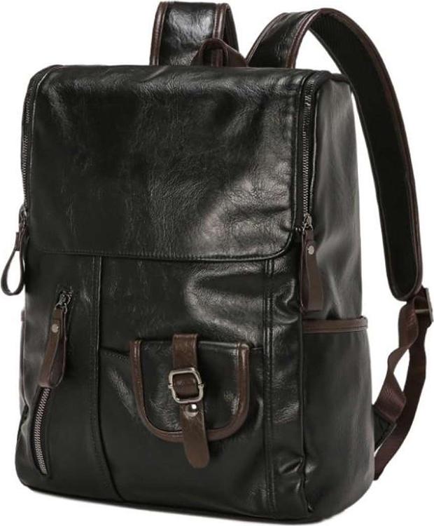 Men's Large Capacity Leather Casual Laptop Backpack - Black