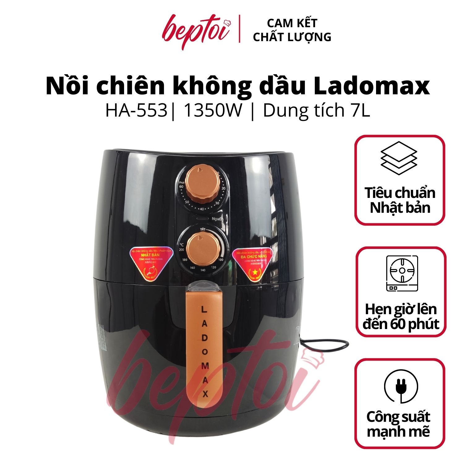 Nồi chiên không dầu Ladomax HA-553 điều khiển cơ, dung tích 7 Lít công suất 1350W - Hàng chính hãng