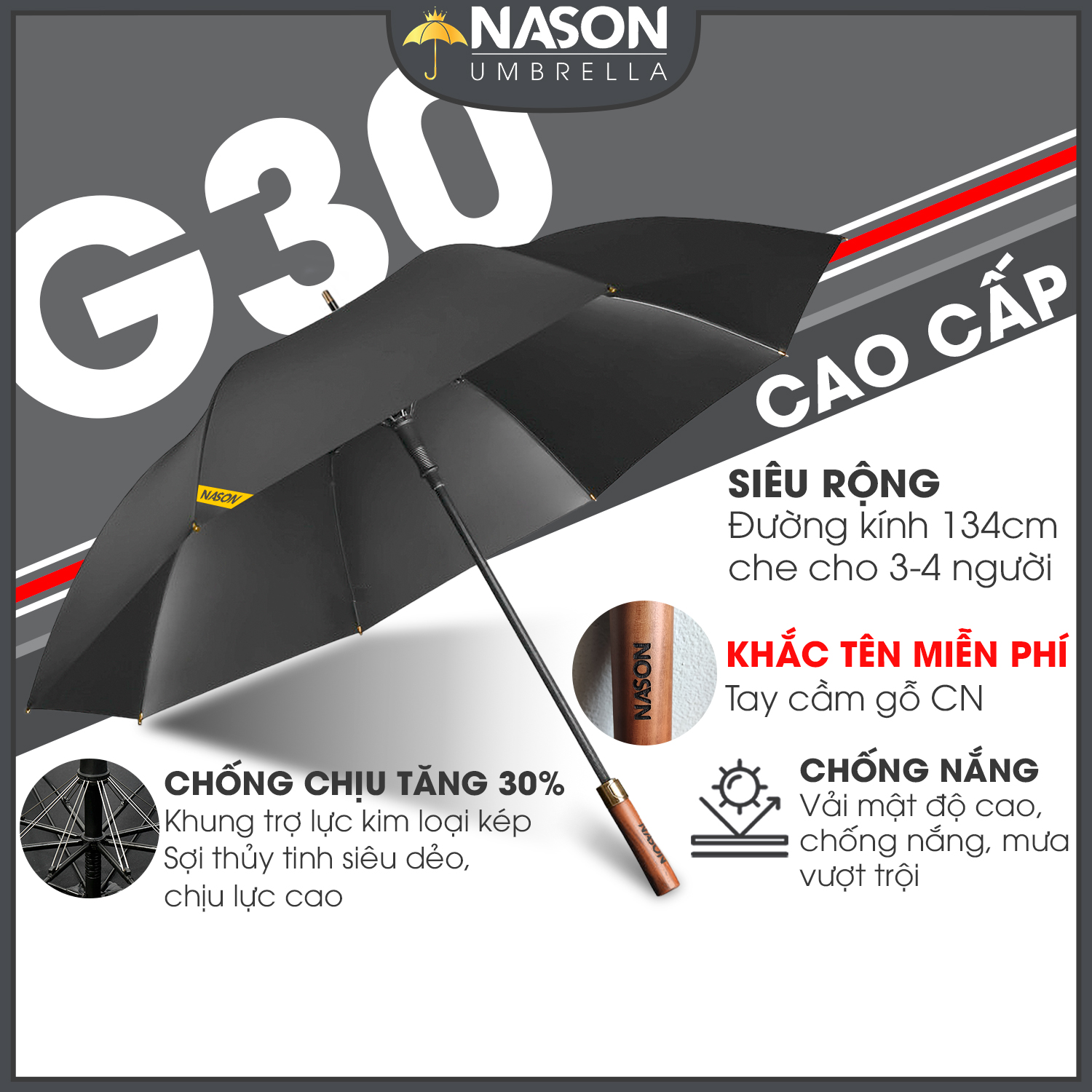 Ô dù cao cấp tán siêu to siêu rộng G30 NASON UMBRELLA Cán gỗ sang trọng khung trợ lực kép chống lật