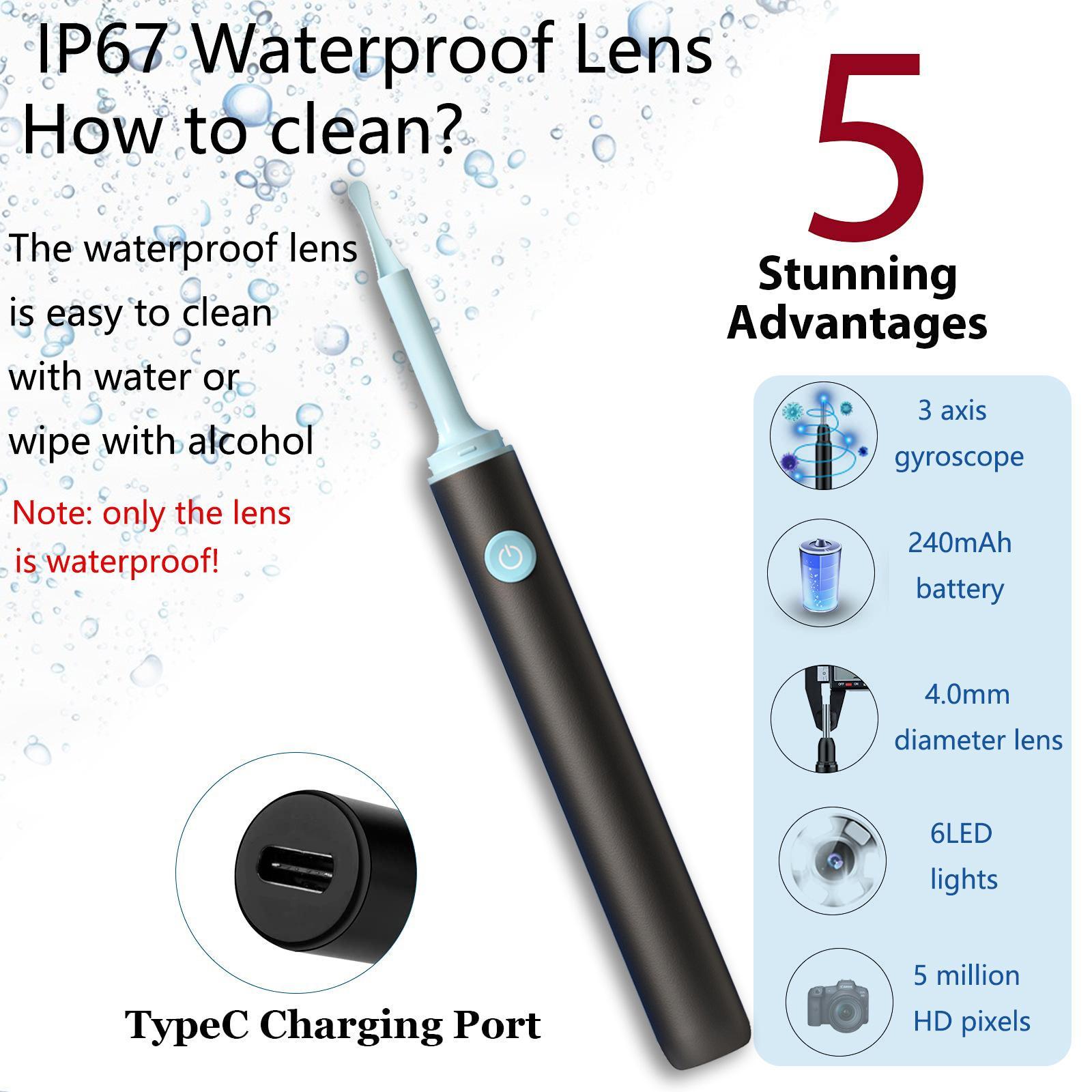 Ear Cleaning Kits 5MP with Ear Cleaning Tool Wireless 6 LED Lights Black