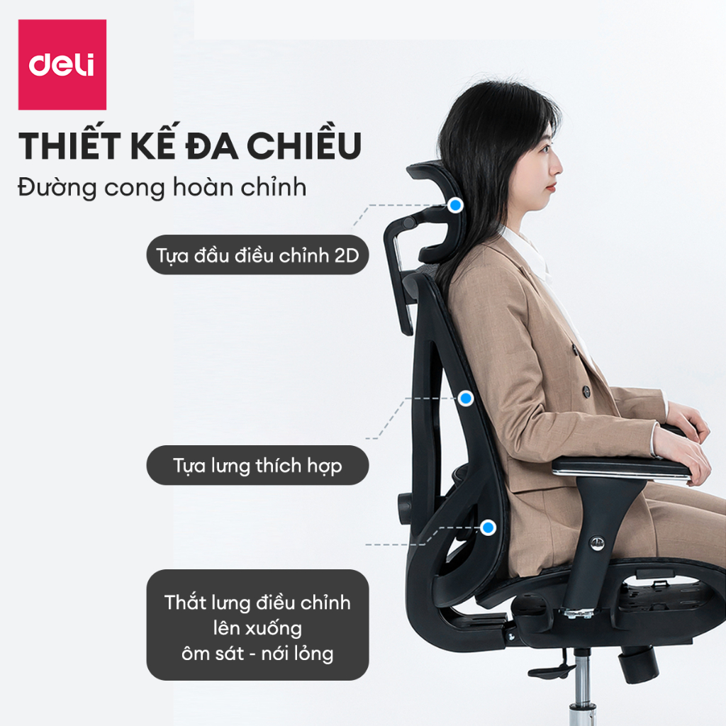 [ ] Ghế Xoay Văn Phòng Công Thái Học Cao Cấp Ngả 125 Độ Có Tùy Chỉnh Tựa Tay, Tựa Cổ Deli  Hỗ Trợ Đốt Sống Cổ Tối Ưu Tư Thế Ngồi - Ghế Giám Đốc Bảo Hành 3 Năm