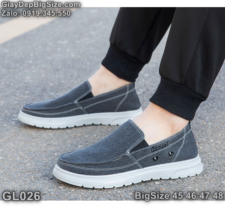 Giày lười vải, giày xỏ cỡ lớn 45 46 47 48 cho nam cao to chân ú bè. Big size canvas slip-on shoes for wide feet - GL226