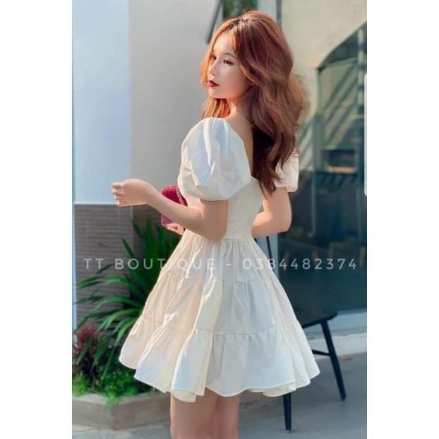 Đầm lụa xoè nhún tầng tay phồng
