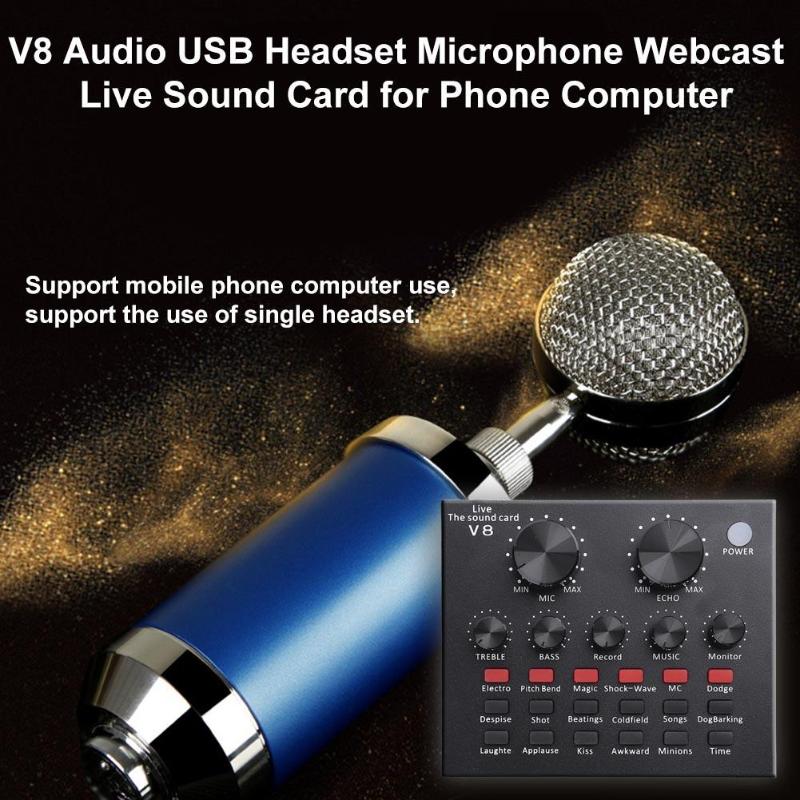 V8 Sound Card Mixer Audio Interface External Streaming USB Headset Microphone Broadcast Sound Card Mixer For Computer PC