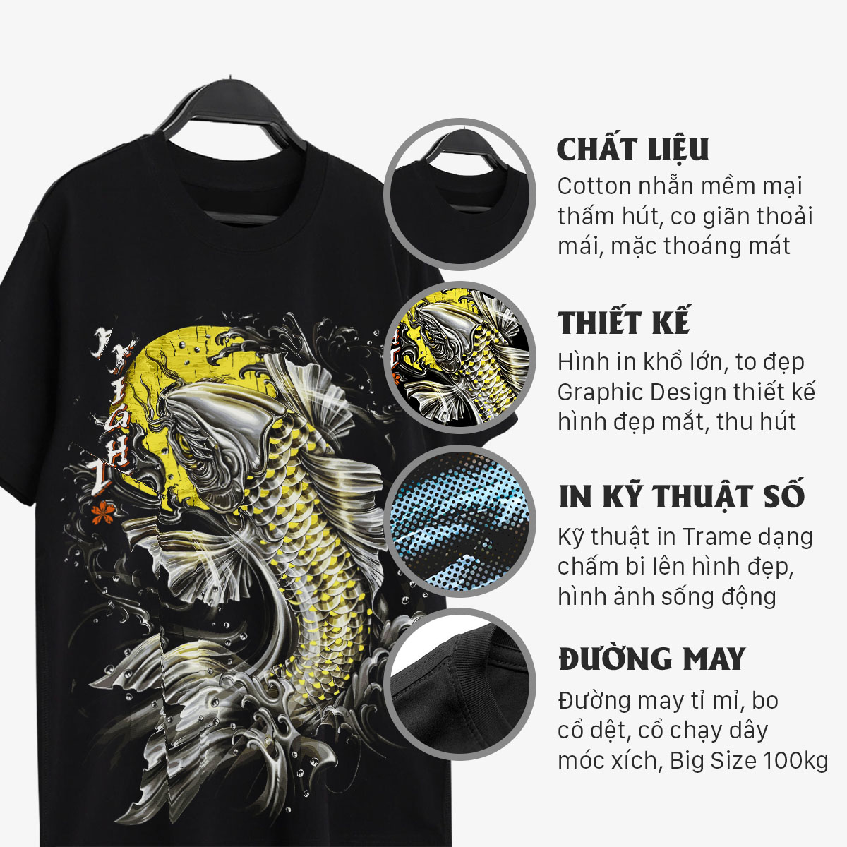 Áo thun nam cổ tròn tay ngắn TeeSett big size cotton màu đen in hình cá chép graphic design