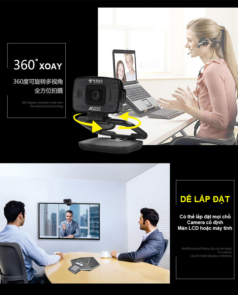 Tặng Đèn LED Trợ Sáng - Webcam học Online cho máy tính AEBell BL-U22W - Webcam kèm mic chuyên dụng cho học trực tuyến