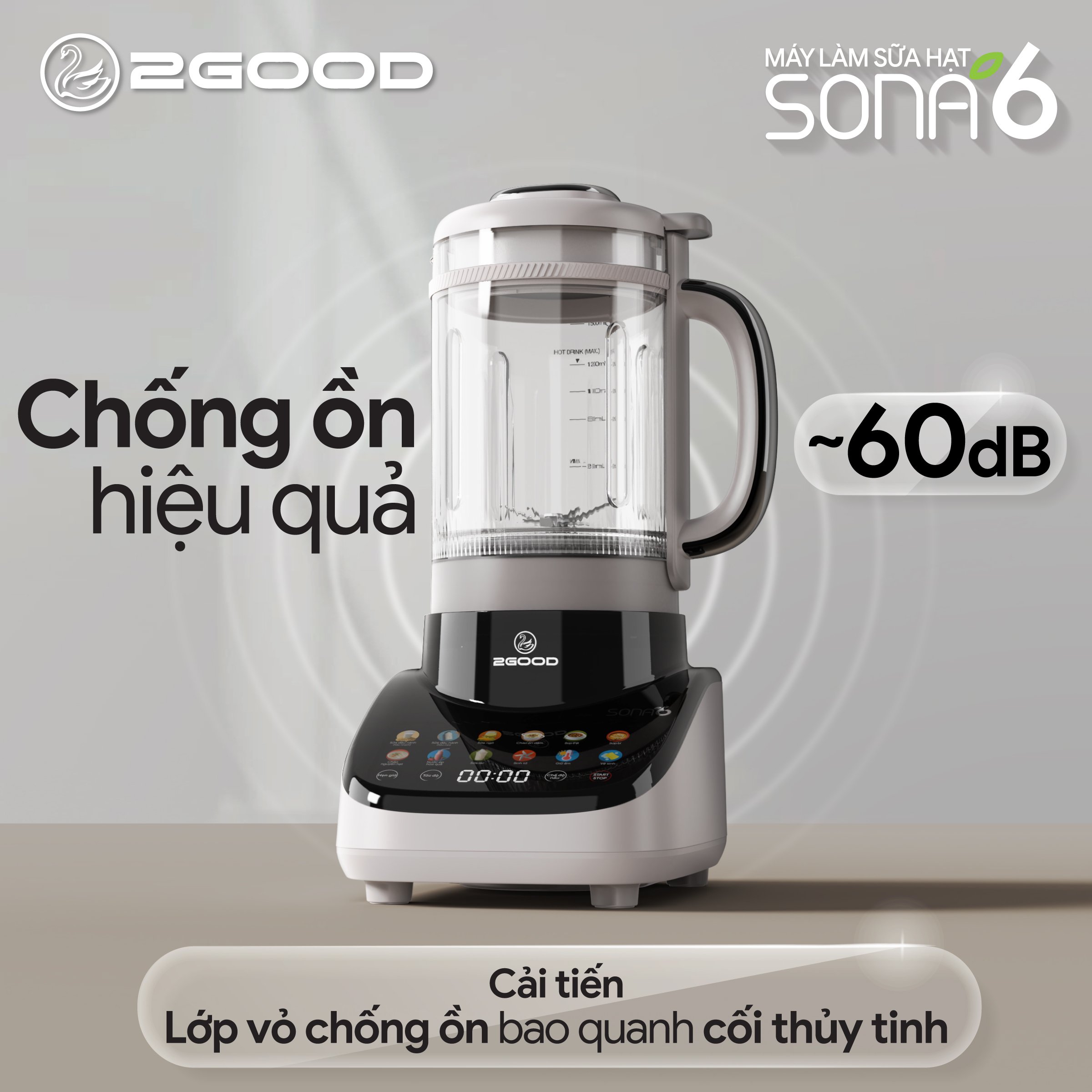 Máy Làm Sữa Hạt Cao Cấp Chống Ồn 2Good Sona 6 (Model 2024) Lưỡi Dao Tháo Rời - Cải Tiến 2Good Sona i8 - Hàng Chính Hãng