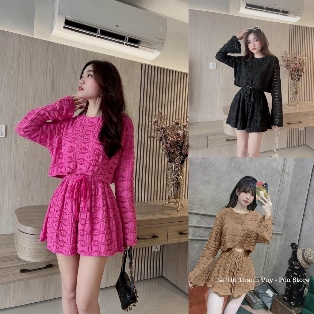 Set bộ đồ nữ áo tay dài croptop mix quần đùi ống rộng cùng tone màu đơn giản, xinh xắn dành cho các tình yêu đi chơi