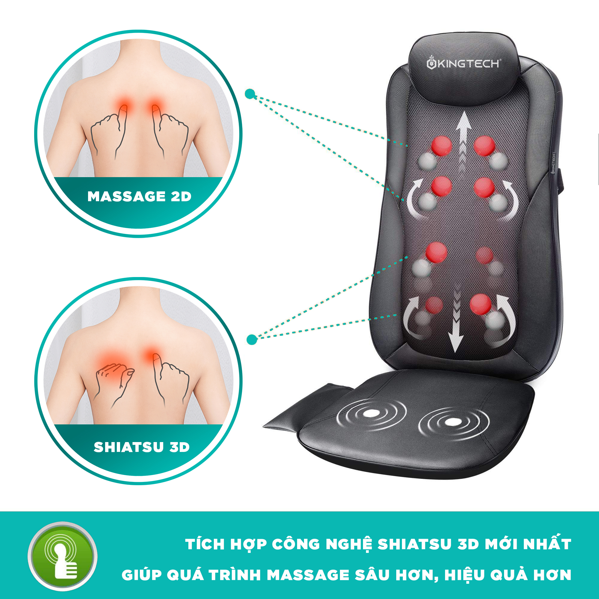 Đệm, Ghế Massage Cao Cấp KingTech - Máy Mát Xa Lưng Chế Độ 3D Chuyên Sâu, Kết Hợp Tính Năng Nhiệt Hồng Ngoại - Hàng Chính Hãng