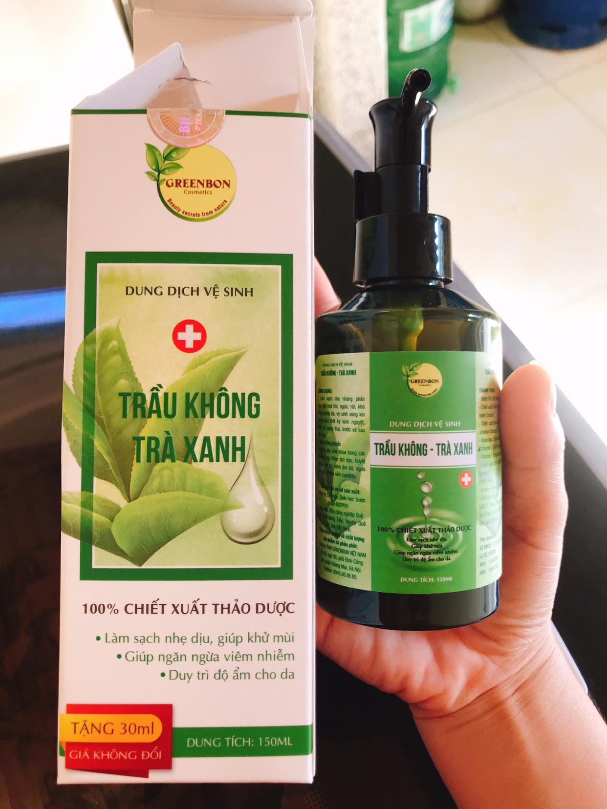 Dung dịch vệ sinh nữ tinh chất trầu không trà xanh GREENBON 150ml,làm sạch dịu nhẹ, cân bằng pH