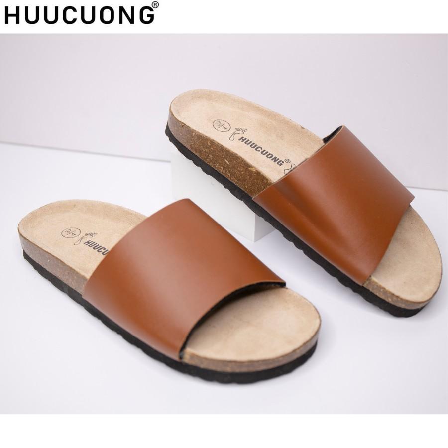 Dép unisex HuuCuong 1 quai pu nâu đế trấu