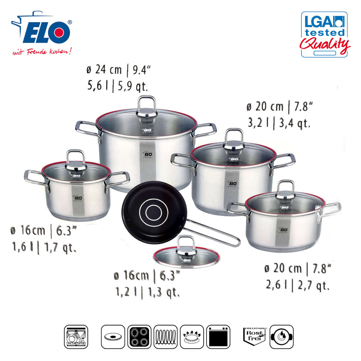 Bộ Nồi Quánh Inox 5 Món ELO Excellent 6177 hàng Đức