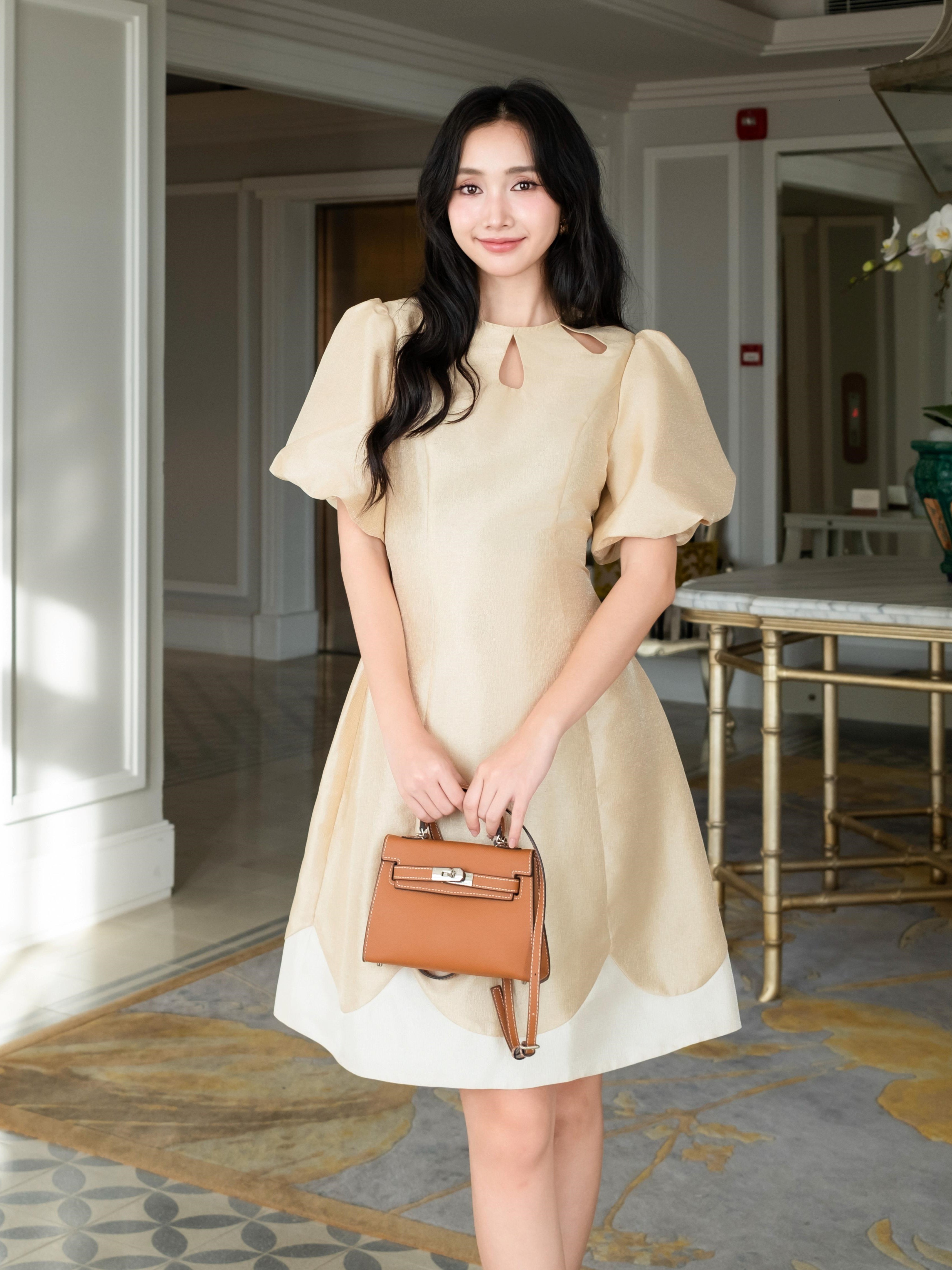 Đầm nude tay phồng NGADO , đầm dự tiệc , đầm thiết kế