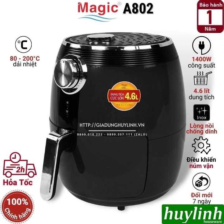 Nồi chiên không dầu Magic Korea A802 - Dung tích 4.6 lít - Công suất 1500W - Đen - Đỏ - Hàng chính hãng