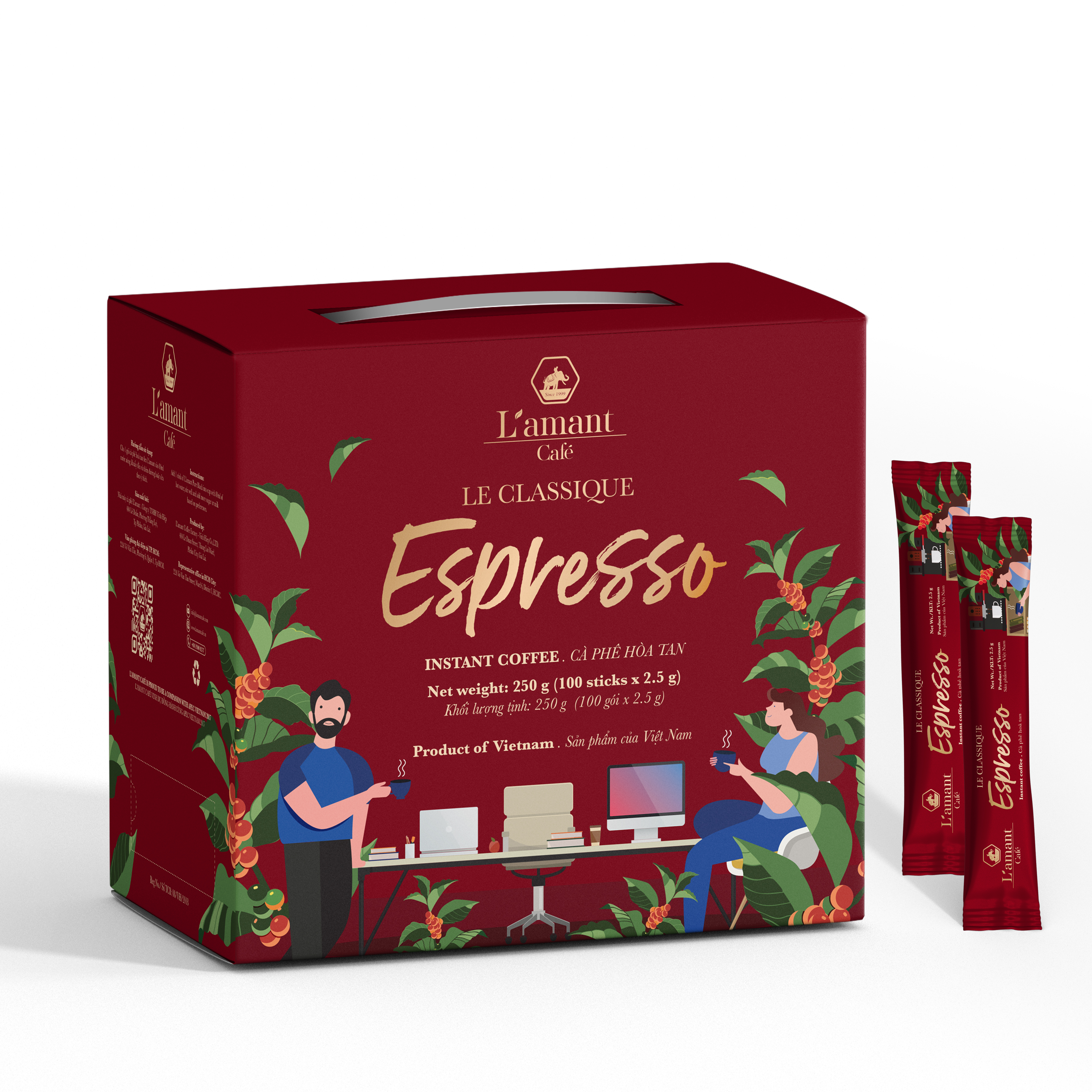 Cà phê hòa tan đen L'amant Espresso nguyên chất thơm ngon(Hộp 100 gói x 2,5gr)