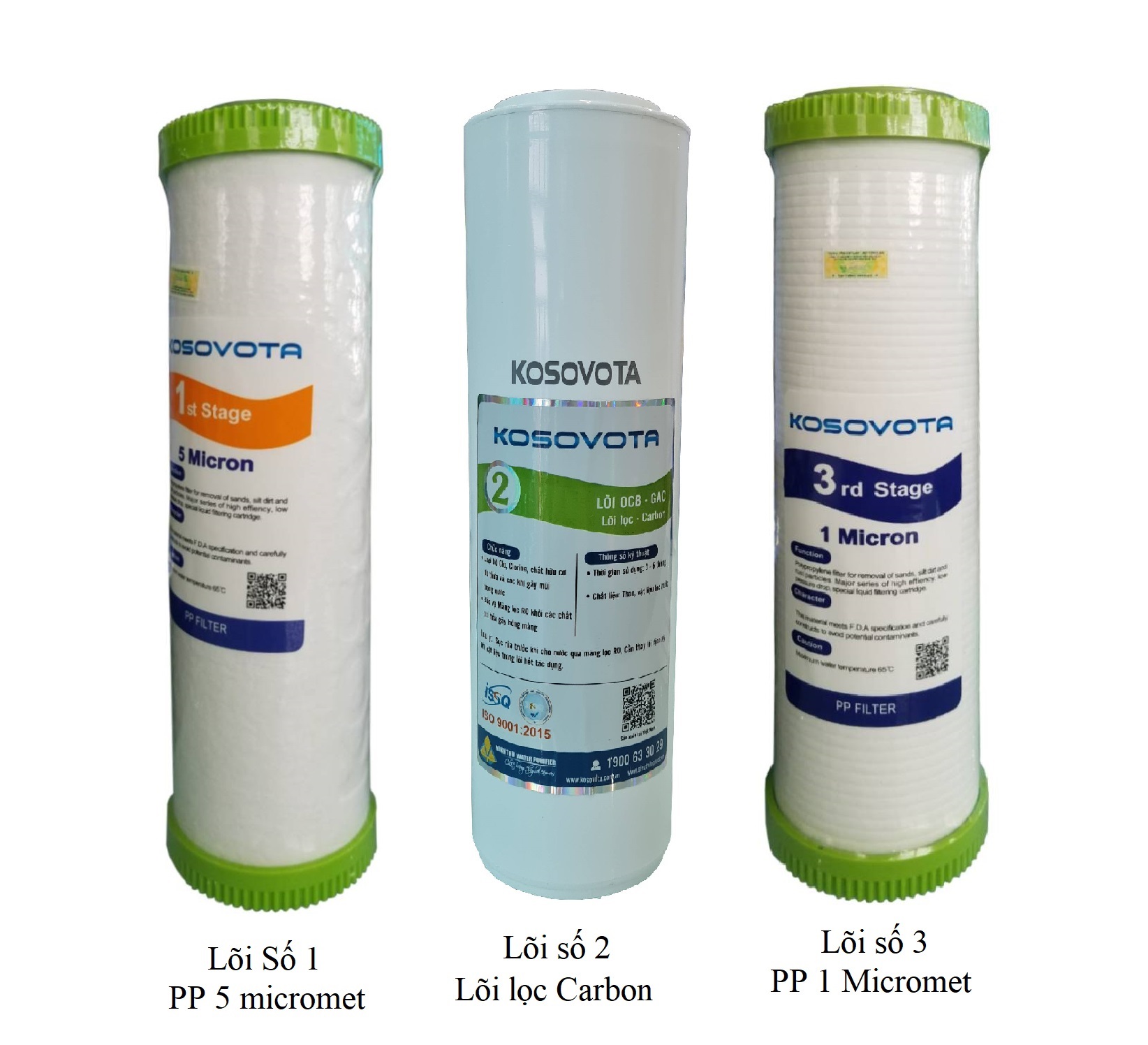 Bộ 3 lõi lọc nước 123 Kosovota 10&quot; dùng cho máy lọc nước gia đình (Hàng chính hãng)