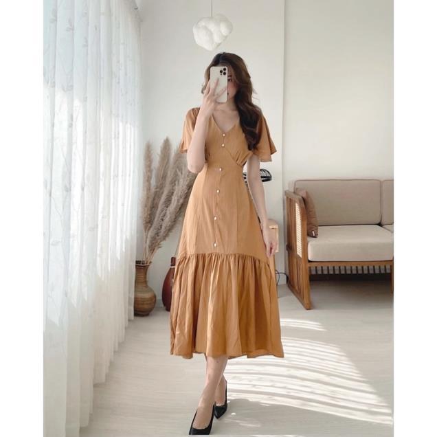Đầm midi cổ V tay ngắn đuôi cá dài nút ngọc 5 màu