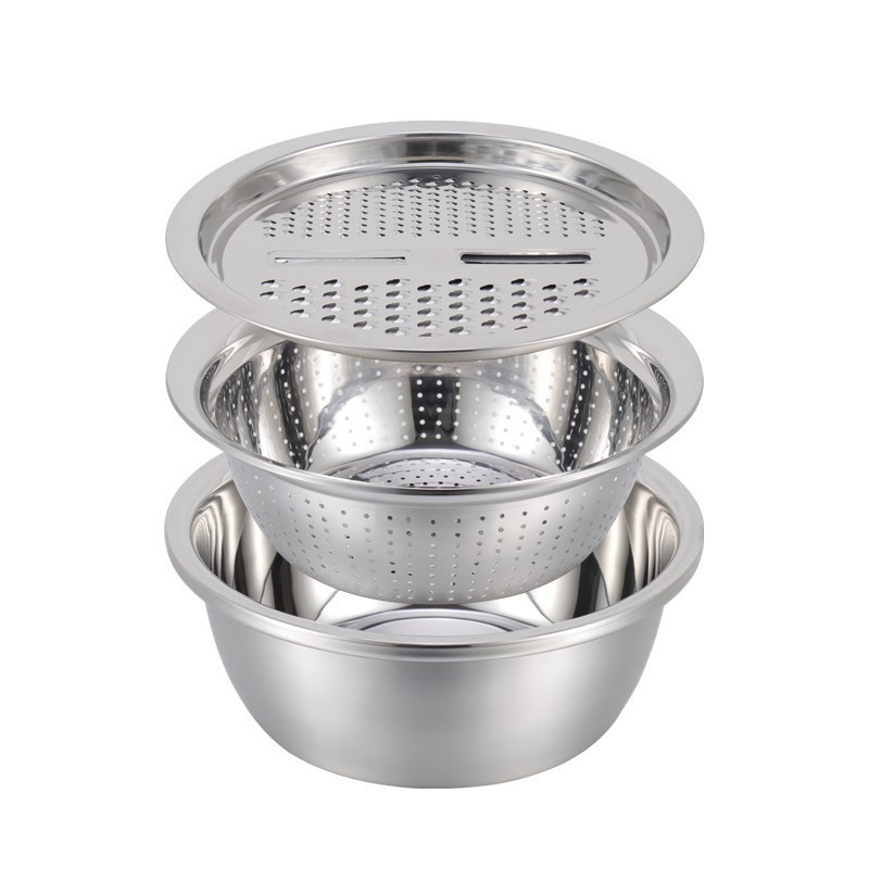 Bộ Thau, Rổ, Nạo Bào Cắt Rau Củ 3 Món Inox Tiện Lợi
