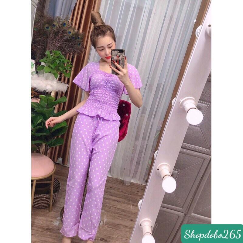 Đồ bộ nữ mặc nhà vải lụa chấm bi tay loe dây rút size 40-57kg.