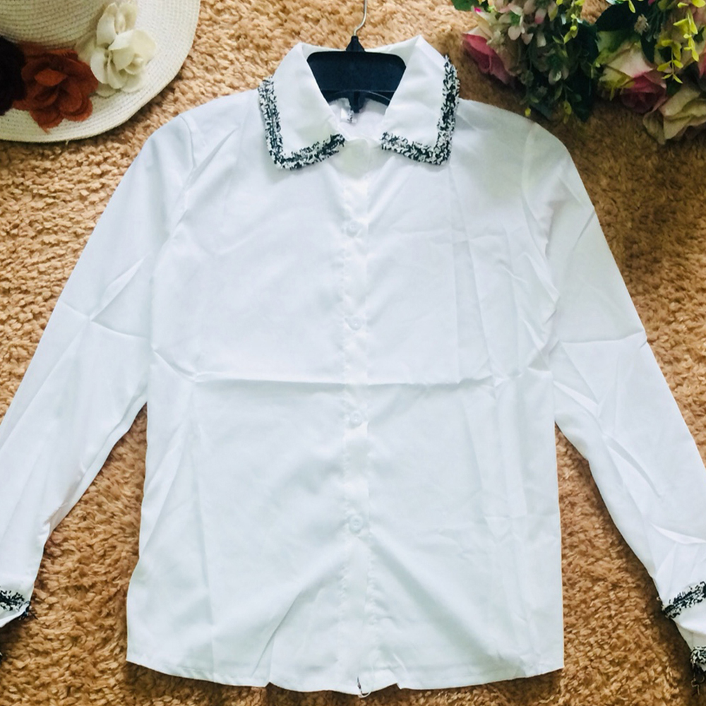 Áo Sơ Mi Trắng Tay Dài Phối Viền Đen - Size M