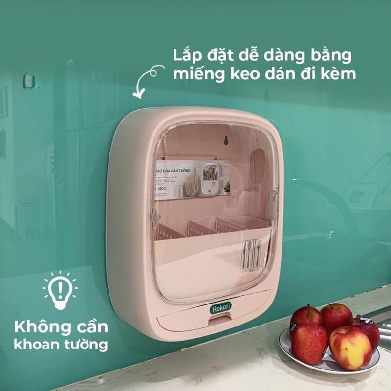 Hộp Đựng Đũa Thìa Dán Tường HOKORI, Bốn Ngăn Tiện Dụng Có Nắp Đậy, Dán Tường Siêu Chắc Chắn - Hàng Việt Nam