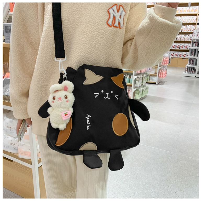 Hình ảnh Túi đeo chéo vải canvas hình mèo cute dễ thương, Túi đeo vai đi học đi chơi cho nữ LALUNA