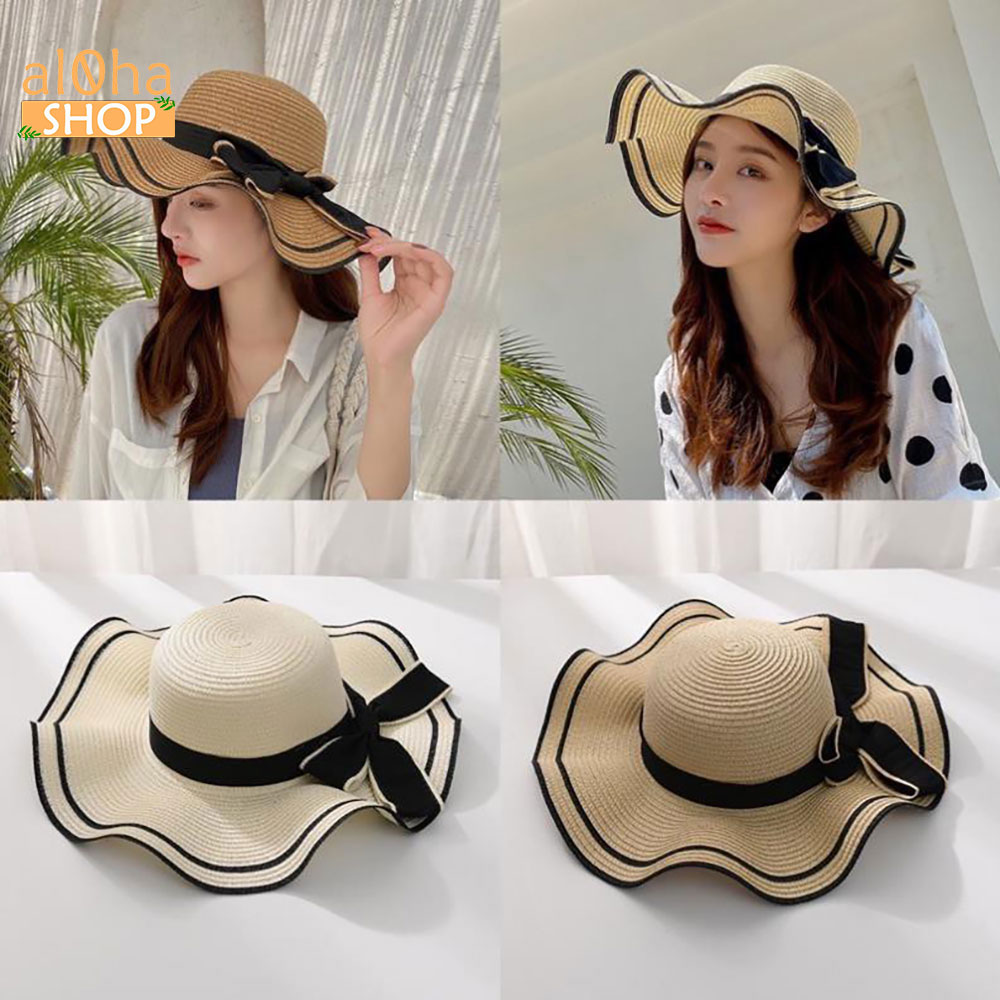 Nón cói vành sóng viền đen - mũ cói mềm thắt nơ chống nắng, đi biển - al0ha Shop