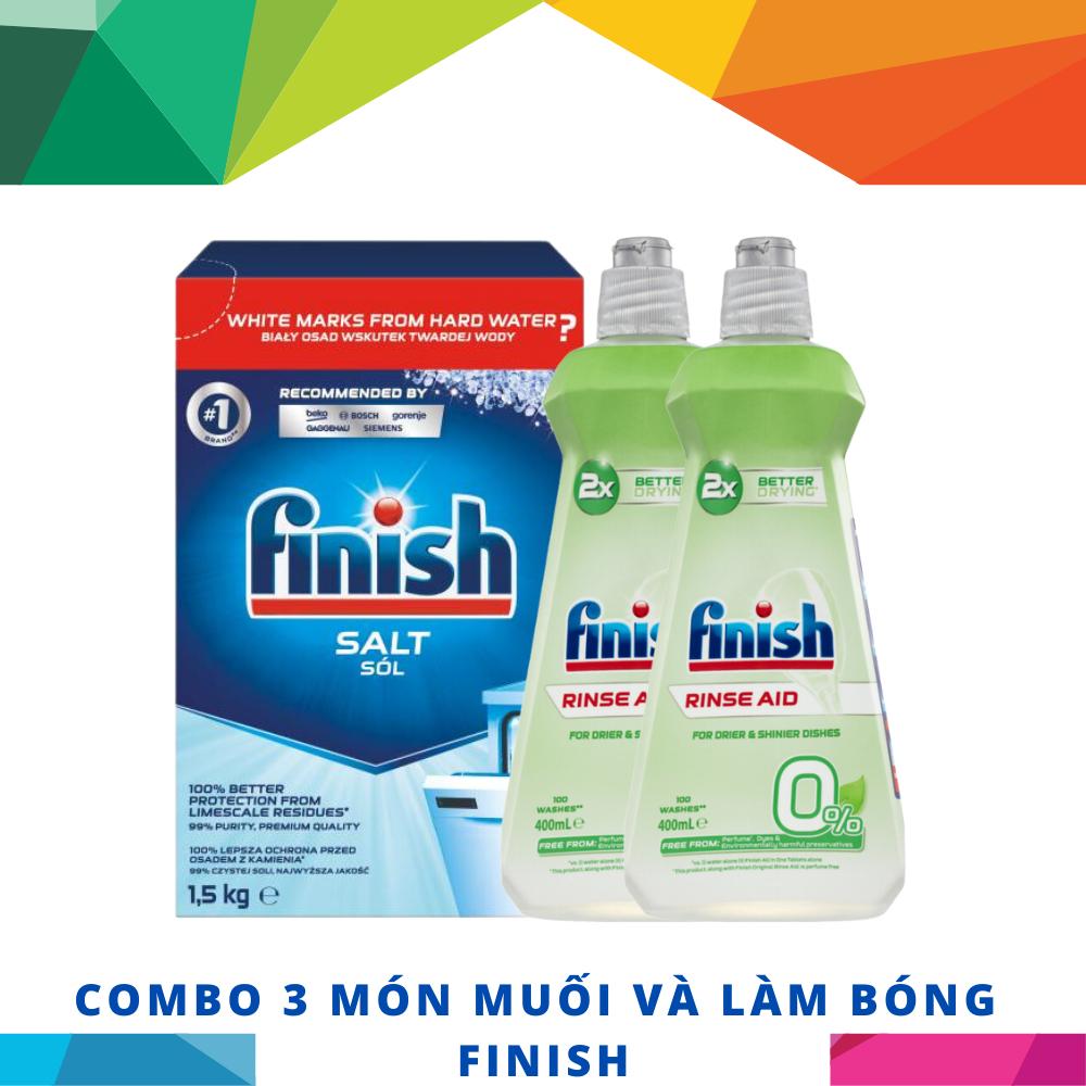 [Hỏa Tốc] (COMBO 3 món muối và làm bóng Finish) – Hộp 1,5Kg muối Finish (Làm mềm nước) + 2 Chai 400ml nước bóng Finish