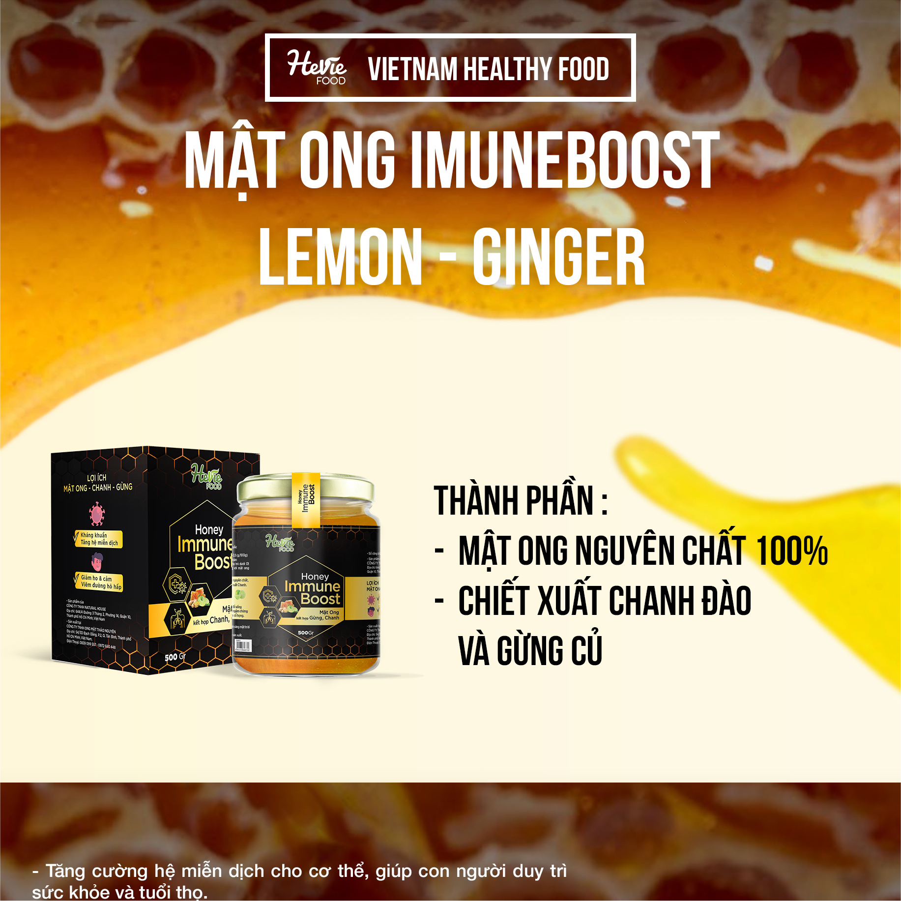 Mật ong chiết xuất Chanh Gừng 60g Immuneboost HeVieFood