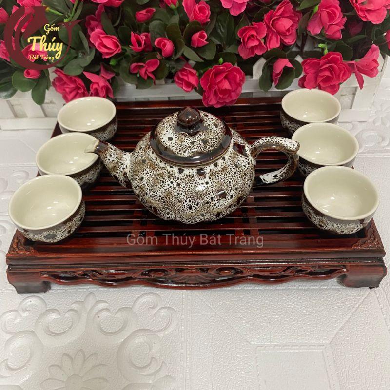 Bộ ấm chén men gấm Bát Tràng dáng chóp 350ml kèm khay cao cấp