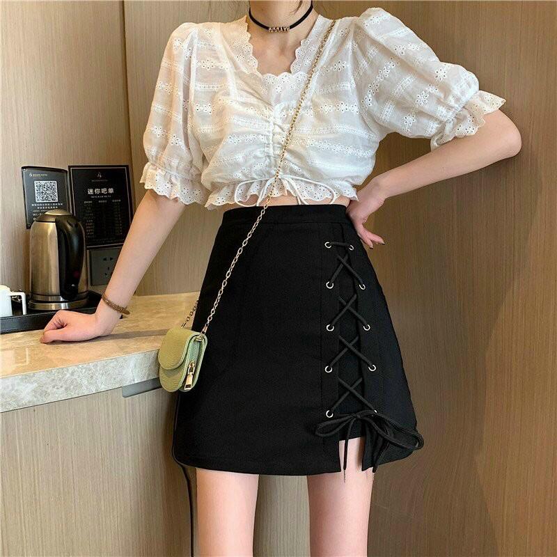 Chân váy chữ A ngắn thiết kế dây đan chéo màu đen đủ size