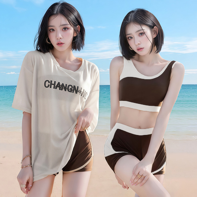 Đồ bơi ba mảnh kiểu mới 2025 dành cho nữ, che bụng, thon gọn, phong cách tiên nữ, đồ vũng chống nắng kiểu in