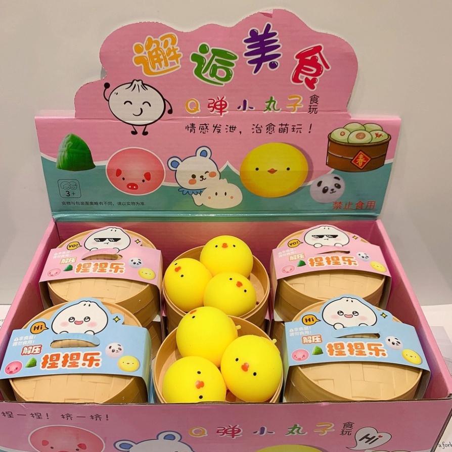 Bánh bao màn thầu squyshi mềm mại hộp 3 chiếc thỏ trắng gấu nâu quả đào squishy