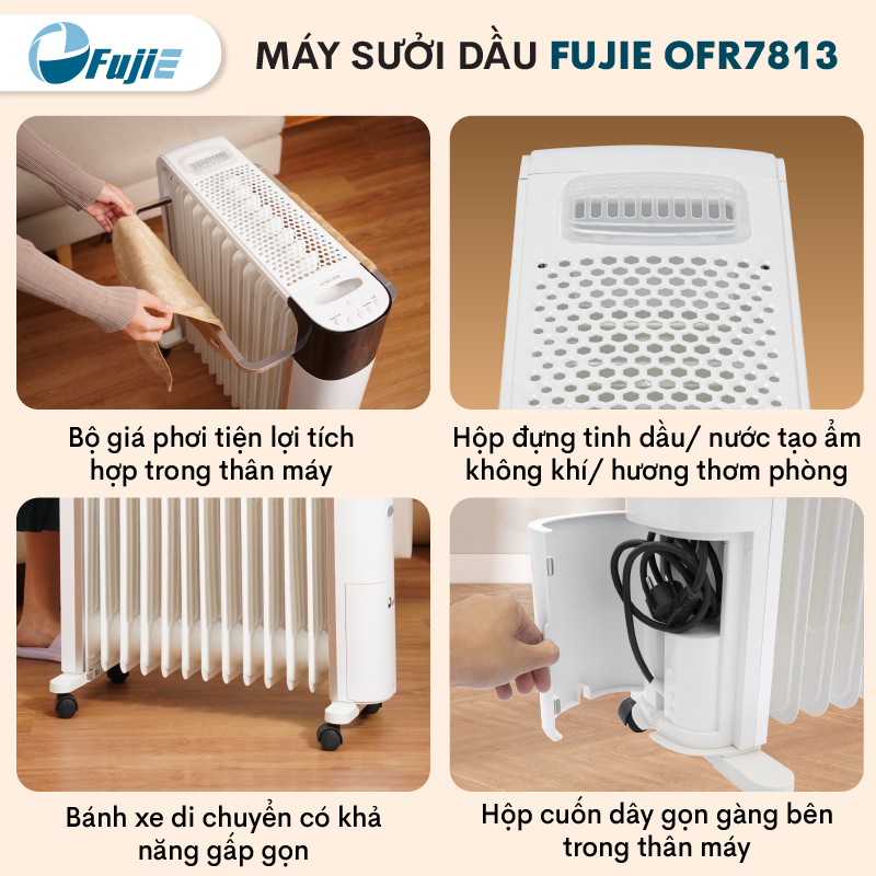 Máy sưởi dầu điều khiển từ xa nhập khẩu FujiE OFR7813,13 thanh sưởi sử dụng phòng 30m2, bảng điều khiển điện tử  tăng giảm nhiệt độ- Hàng CHính Hãng