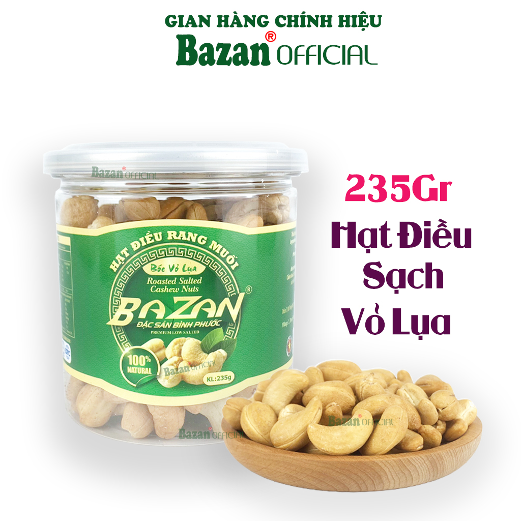 Hạt điều rang muối Bazan Bình Phước nguyên hạt dinh dưỡng A+ loại 1 hộp 235g nắp bật sạch vỏ lụa