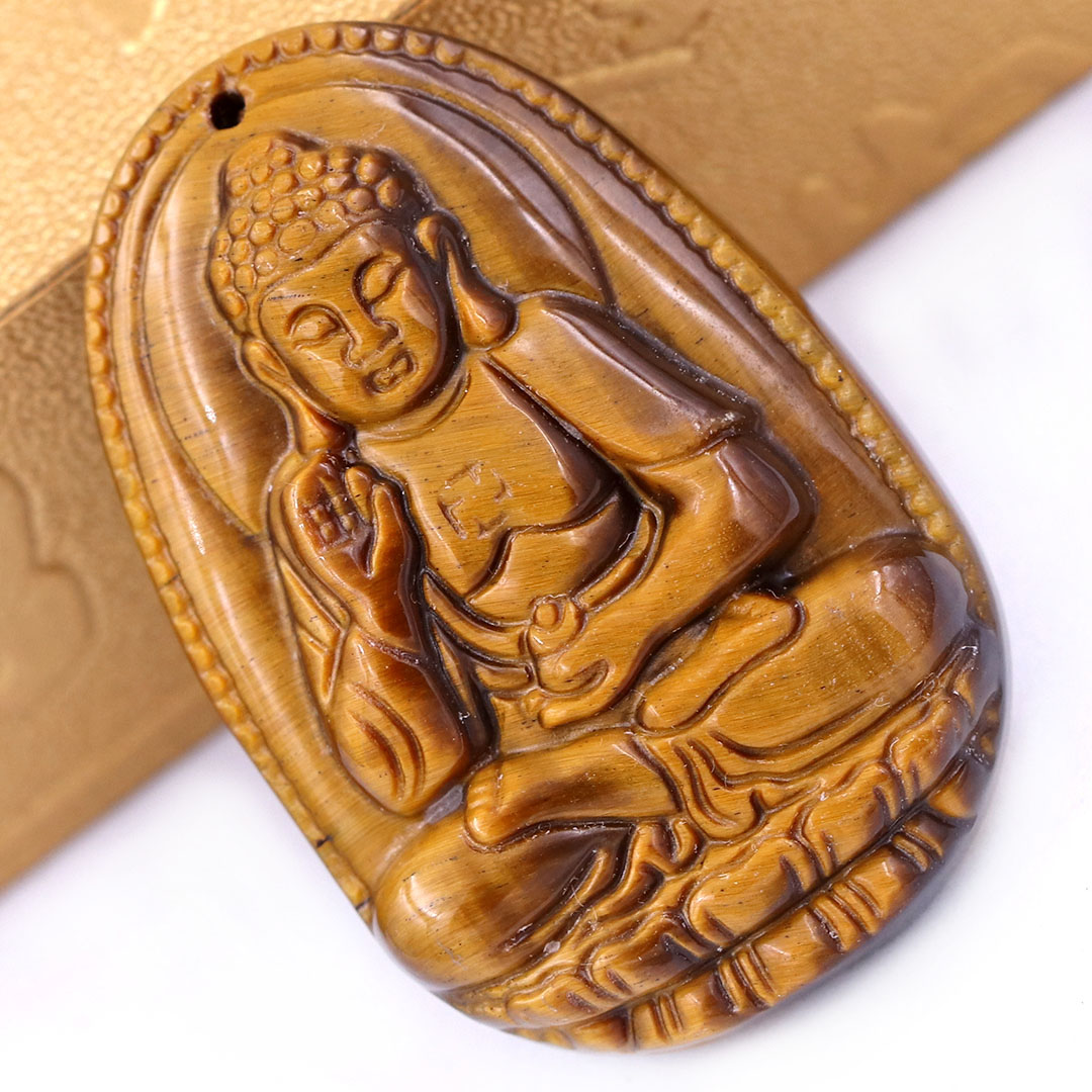 Mặt Phật A di đà đá mắt hổ 5 cm  kèm móc và dây chuyền inox vàng, Mặt Phật bản mệnh