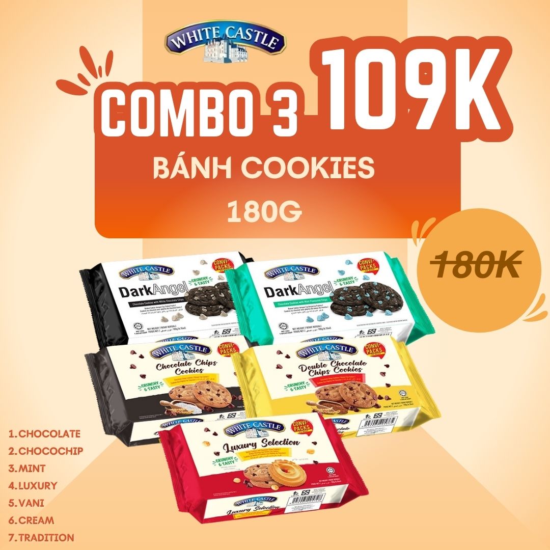 [Mua 2 tặng 1] Bánh cookies chocochip White Castle nhập khẩu Malaysia 180g 3 vị ngẫu nhiên
