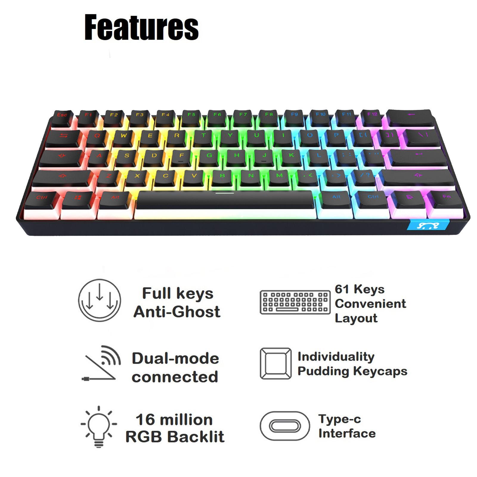 61 Keys Mechanical Bluetooth Keyboard Dual Modes Rechargeable RGB for PC Laptop