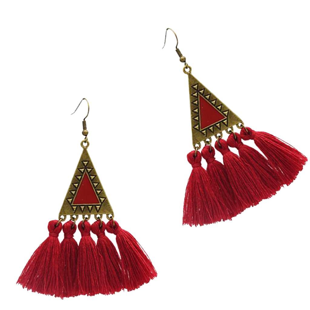 Vintage Fringe Tassel Earrings Bohemian Dangle Stud Women Jewelry Red
