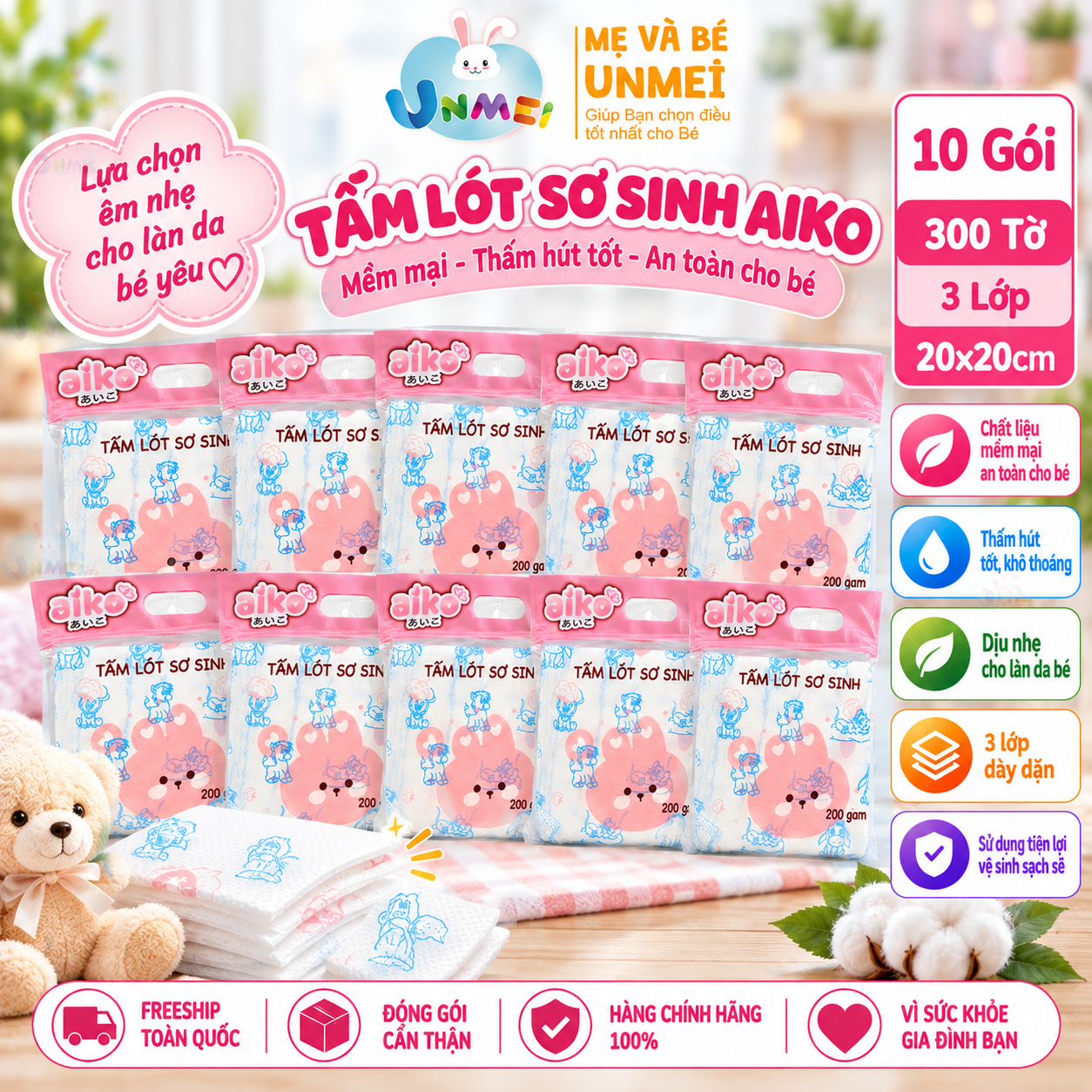 Combo 10 Bịch Tấm Lót Sơ Sinh AIKO, Miếng Lót Phân Xu Chống Thấm Sơ Sinh Cho Bé 200g -30 tờBịch