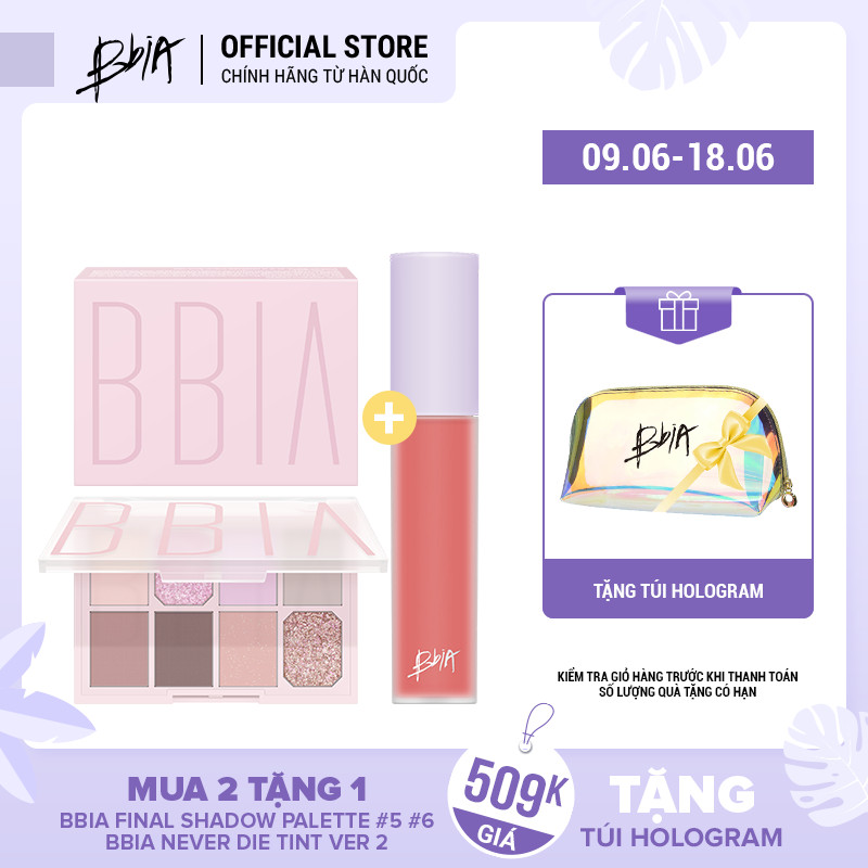 Combo 1 Phấn mắt Bbia Last Shadow Palette Love Series + 1 Bbia Never Die Tint Ver 2 tặng 1 túi Hologram