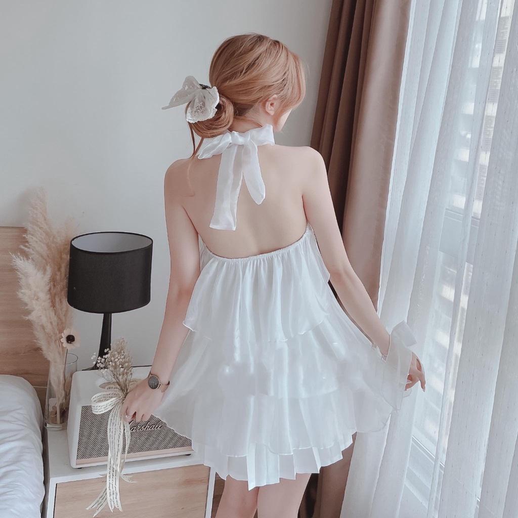 Sét váy cổ yếm xếp tầng trắng tinh khôi phối chân váy phù hợp mọi phong cách sang trọng