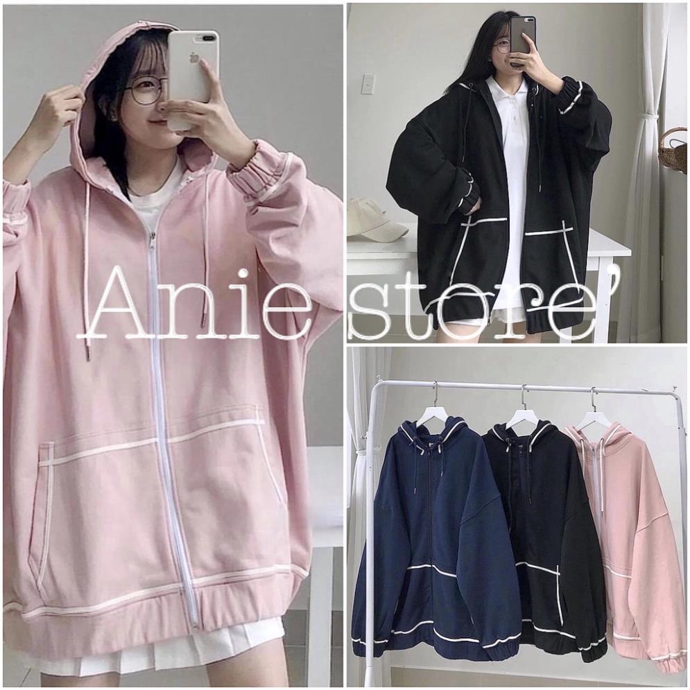 Áo Khoác Hoodie Quây Viền Tay Bồng, Áo Nỉ Nữ Khóa Kéo Kèm Mũ, Áo Jacket Viền Trắng 3 Màu ĐEN XAN