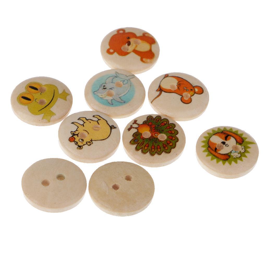 100 Pieces Animals Printed Round 2 Holes Wooden Buttons for Sewing DIY Craft 15mm