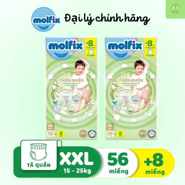 Combo 2 gói tã/bỉm quần Molfix Thiên Nhiên Super Jumbo size XXL56+8 Vaca Baby House